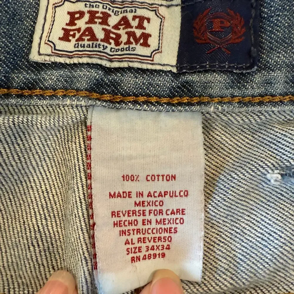 Vintage Phat Farm Distressed Jeans 34x34 Light Wash Straight Leg Y2K Streetwear